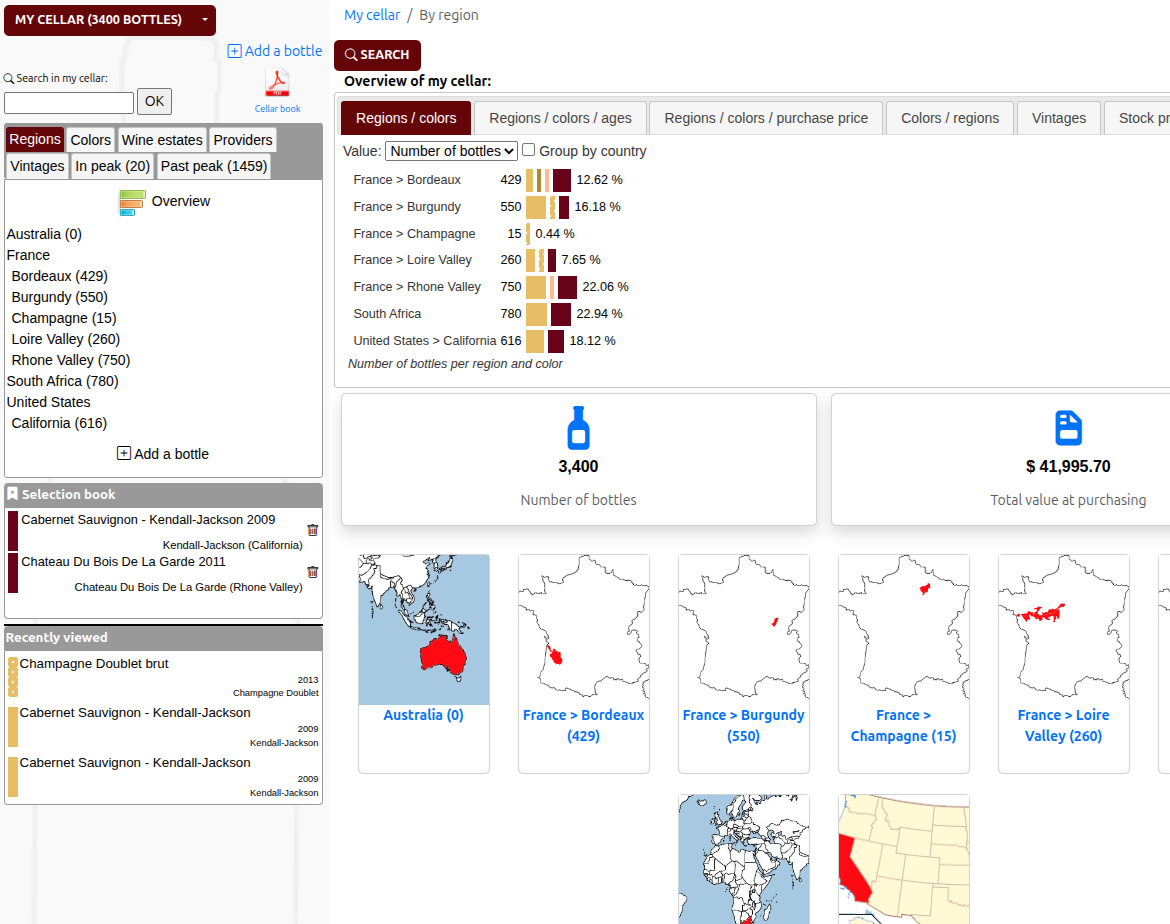 Your cellar in summary, access by region, color, estate or distillery, suppliers, vintages, at their peak, last files consulted, quick and efficient statistics Ceci est une capture d'écran, cliquer pour voir l'écran suivant.