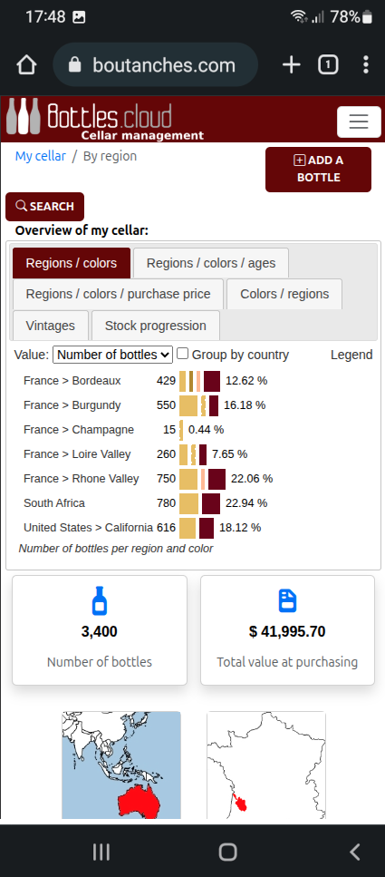 Your cellar in summary, access by region, color, estate or distillery, suppliers, vintages, at their peak, last files consulted, quick and efficient statistics Ceci est une capture d'écran, cliquer pour voir l'écran suivant.